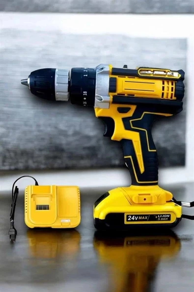 Çift Bataryalı Metal Dişli Darbeli Şarjlı Matkap Seti 24W Güç ve 24 Parça Aksesuar ürün görseli 1
