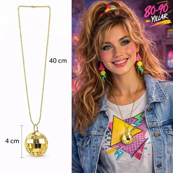 Retro Disko Topu Şekilli 80'ler 90'lar Altın Renk Plastik Kolye ürün görseli 1