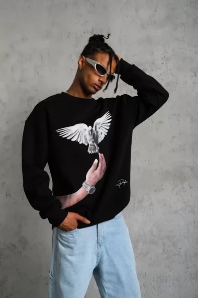 Vexor Erkek Güvercin Baskılı Sweatshirt - Siyah ürün görseli 1
