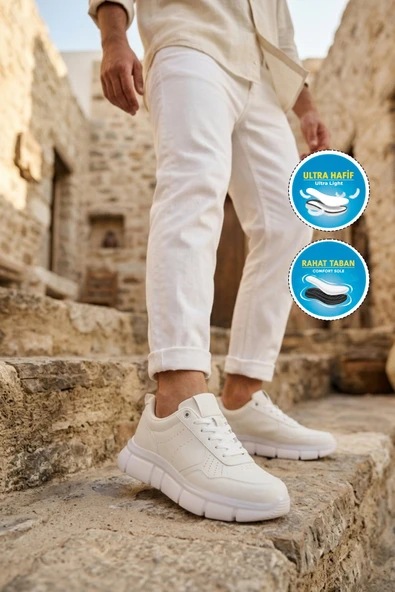 Beyaz Bağcıklı Erkek Sneaker - Resim 3