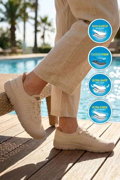 Bej Anorak Örme Kadın Casual Ayakkabı - Resim 3