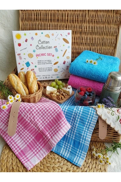 ELEGANCEHOME Renkli Piknik ve Mutfak Seti - 4'lü %100 Pamuk Kurulama Bezi ve Yumuşak Havlu Seti - Mavi & Pembe ürün görseli 1