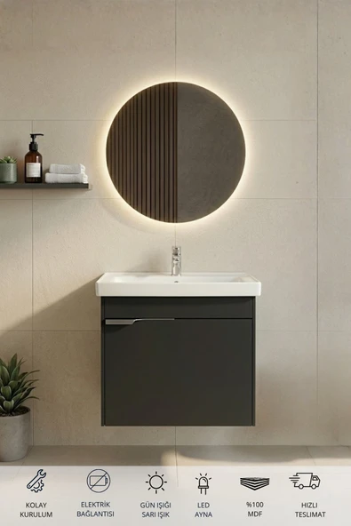 Kasırga Antrasit 50 Cm, Led Aynalı, Banyo Dolabı Seti, Seramik Lavabo Dahil, Mdf, Led'li ürün görseli 1