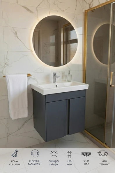 Magma Antrasit 50 Cm, Led Aynalı, Banyo Dolabı Seti, Seramik Lavabo Dahil, Mdf, Led'li ürün görseli 1