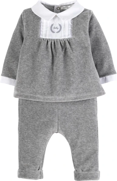 idil baby Kız Bebek Gri Nakışlı Kadife 2'li Takım ürün görseli 1