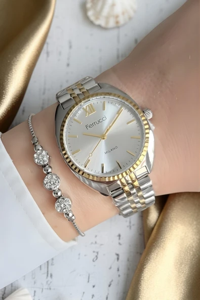 Yeni Model Çelik Bilezik Altın / Metalik Kadın Kol Saati + Zirkon Taşlı Bileklik ürün görseli 1