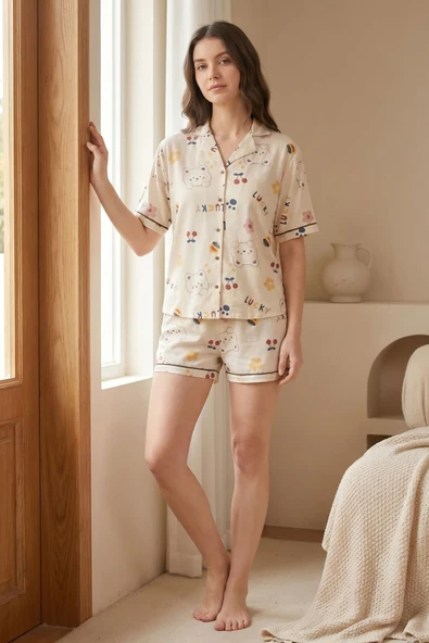 Kadın Düğmeli Kısa Kollu Şortlu Pijama Takımı Cutebear 7518 ürün görseli 1