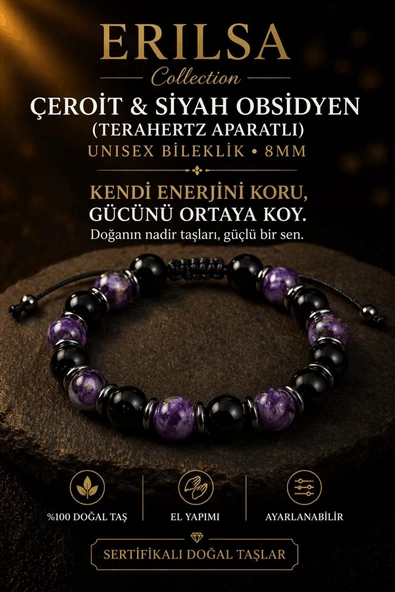 Sertifikalı Çeroit Siyah Obsidyen Terahertz Bileklik - 8 MM Doğal Taş Unisex Ayarlanabilir ürün görseli 1
