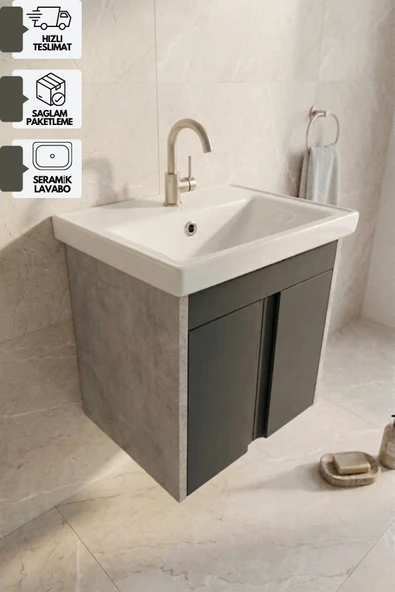 Lavanta 50 cm Lavabolu Alt Banyo Dolabı, Banyo Dolabı, Seramik Lavabo Dahil , Retro Gümüş-Antrasit ürün görseli 1