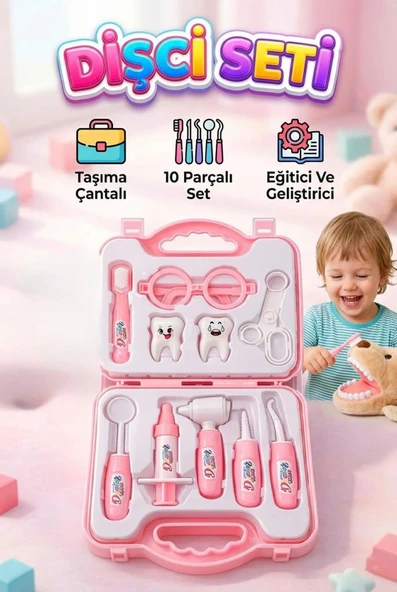 Dişçi Minikler - Pembe Çantalı 10 Parça Alet ve Ekipmanlı 2 Tane Büyük Dişli Eğitici Oyuncak Seti ürün görseli 1