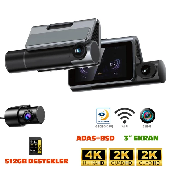Navimex DVR-413 3" Araç İçi Kamerası Dvr Wi-Fi Lcd Ekranlı Gece Görüşlü Adas+Bsd 3 Kameralı 4K+2K+2K ürün görseli 1