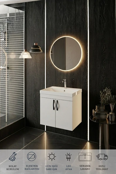 Ege 60 Cm Led Aynalı, 2 Kapaklı Banyo Dolabı Seti, Seramik Lavabo Dahil, Led'li ürün görseli 1