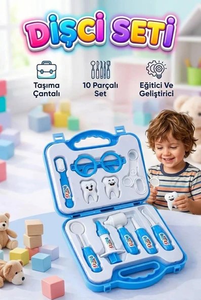 Dişçi Minikler - Mavi Çantalı 10 Parça Alet ve Ekipmanlı 2 Tane Büyük Dişli Eğitici Oyuncak Seti ürün görseli 1