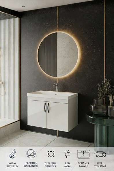 Ege 80 Cm Led Aynalı, 2 Kapaklı Banyo Dolabı Seti, Seramik Lavabo Dahil, Led'li ürün görseli 1