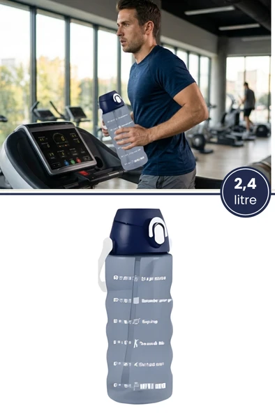 2,4 Litre Zaman Çizelgeli Motivasyon Su Matarası, Pipetli Sızdırmaz Fitness Sporcu Su Şişesi ürün görseli 1