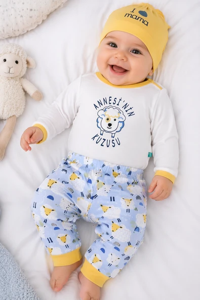Kız Erkek Bebek Badi Takım %100 Pamuk Annesinin Kuzusu Çıtçıtlı Badi Pantolon Bere 3'lü Yenidoğan Set 593-4 ürün görseli 1
