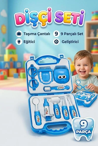 Minik Diş Hekimi - Çantalı Gözlüklü 9 Parça Dişçi Ekipman ve Alet Eğitici Oyuncak Seti Mavi ürün görseli 1
