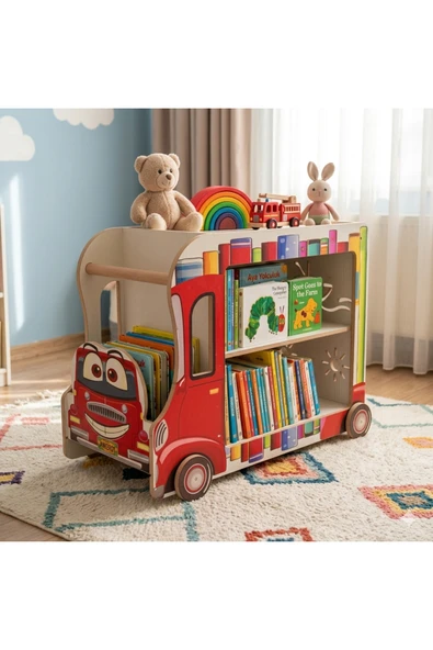 Montessori Dekoratif Çocuk Odası Kitaplığı ve Tekerlekli Oyuncak Kutusu Kamyonu ürün görseli 1