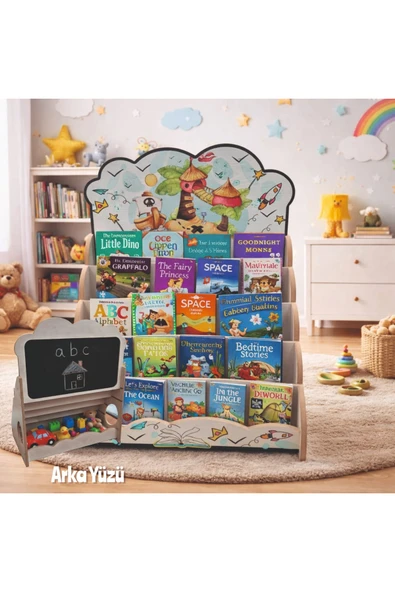 Montessori Yazı Tahtalı Hayal Dünyası Temali 5 Raflı Kitaplık ve Oyuncak Saklama Yerli ürün görseli 1