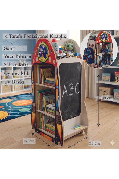 Roket Modelli Gerçek Saatli 4 Taraflı Yazı Tahtalı Askılıklı Montessori Kitaplık ve Oyuncak kutusu Demonte ürün görseli 1