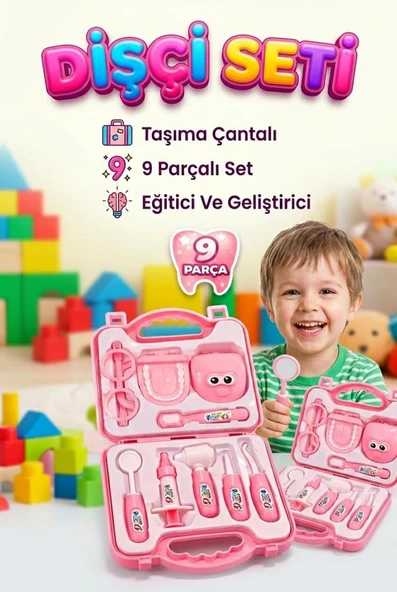 Minik Diş Hekimi - Çantalı Gözlüklü 9 Parça Dişçi Ekipman ve Alet Eğitici Oyuncak Seti Pembe ürün görseli 1