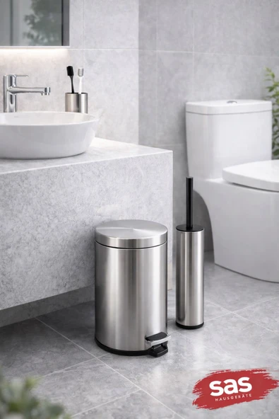 Krom 3 Lü Set  3 Lt Çöp Kovası Wc Fırçası Ve Diş Fırçalık Titan ürün görseli 1