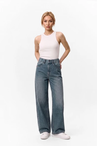 Kadın Yüksek Bel Wide Leg Beli Lastikli Jean Pantolon ürün görseli 1