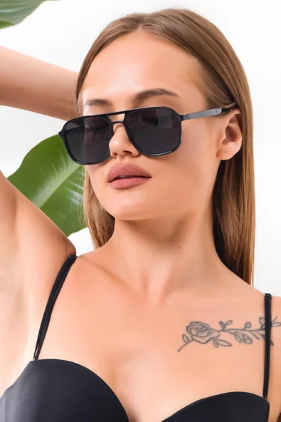 Unisex Siyah Kare Çerçeve Siyah Uv 400 Yoğun Cam Güneş Gözlüğü  Bej ürün görseli 1