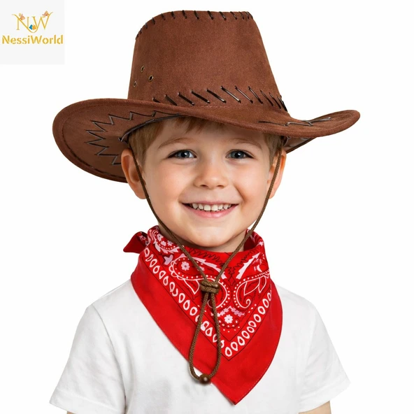 Çocuk Kovboy Şapka Kahverengi & Kırmızı Bandana Seti ürün görseli 1