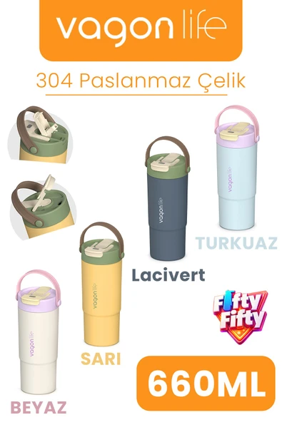Tumbler Mug 660 ML Tek Kapak Çift Kullanım Pipetli Rahat İçim Kulplu Paslanmaz Çelik Termos 1102-660ML ürün görseli 1
