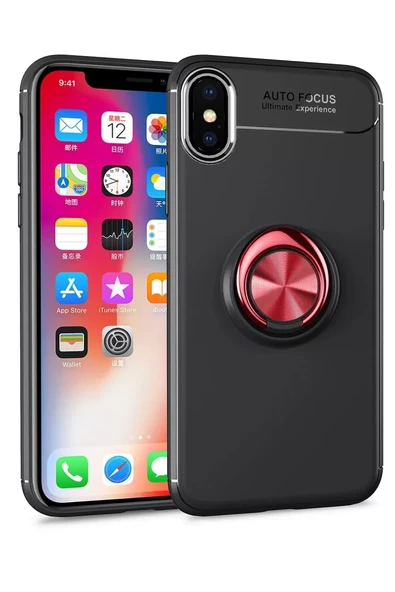 Newface Apple iPhone XS Max Kılıf Range Yüzüklü Silikon - Siyah-Kırmızı ürün görseli 1