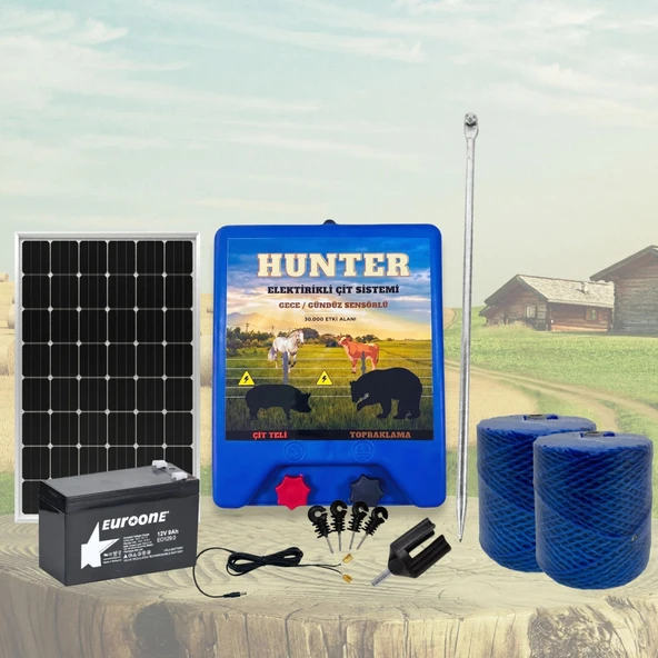 Hunter Ekonomik 1000Mt Domuz - Ayı Kovucu Elektrikli Çit Sistemi Güneş Panelli Akülü ürün görseli 1