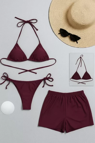 Kadın 3'lü Set Bordo Şortlu ve Yandan Bağlamalı Bikini Mayo Takımı ürün görseli 1