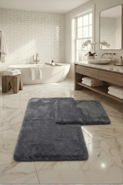 Bonnie Tavşan Tüyü, Kaymaz Taban, Pofuduk, Ultra Lüks, Yıkanabilir 2'li Banyo Paspası ürün görseli 1