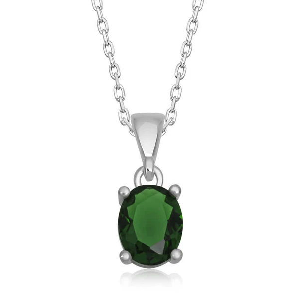 Norino 925 Ayar Gümüş Yeşil Kristal Oval Taşlı Kadın Gümüş Kolye ürün görseli 1