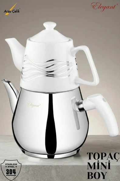 ELEGANT Topaç Mini Porselen Demlikli Bakalit Kulplu Çaydanlık Takımı - Beyaz ürün görseli 1