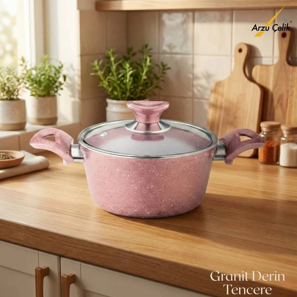 ARZU ÇELİK 20 Cm Granit Derin Tencere Cam Kapak - Pembe ürün görseli 1
