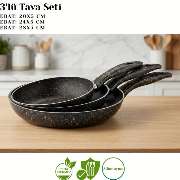 ARZU ÇELİK 3lü Granit Tek Saplı Tava Seti - Siyah - Resim 2