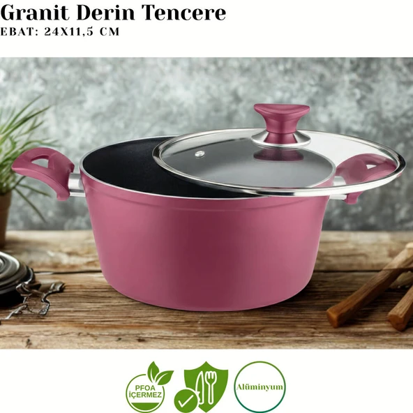ARZU ÇELİK 9 Parça Granit Set Cam Kapak - Mürdüm - Resim 3