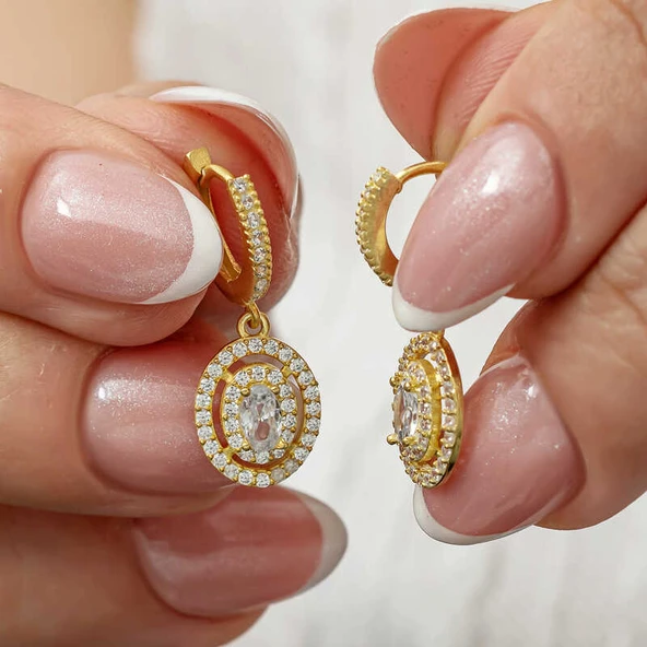 Norino Gümüş Gold Oval Taşlı Sallantılı Küpe ürün görseli 1