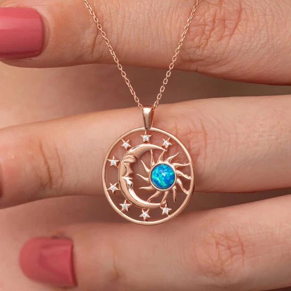 Norino Gümüş Rose Opal Mavi Taşlı Ay Güneş Kadın Kolye ürün görseli 1