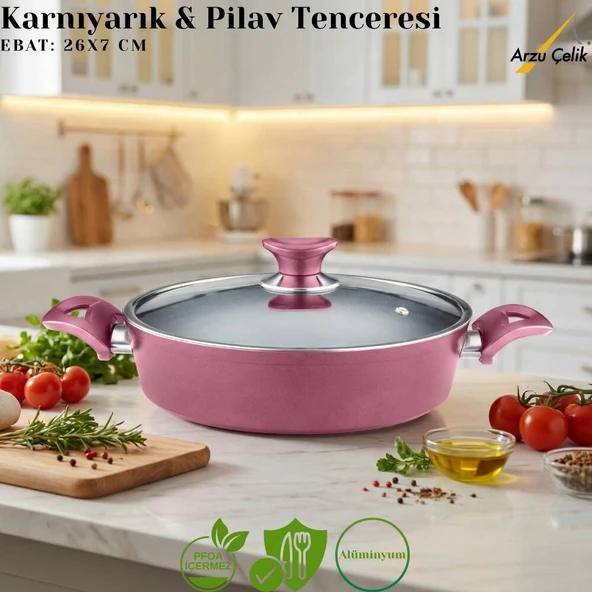 ARZU ÇELİK 26 Cm Granit Karnıyarık & Pilav Tenceresi Cam Kapak - Mürdüm ürün görseli 1
