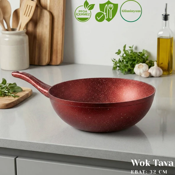 ARZU ÇELİK 32 Cm Granit Wok Tava - Kırmızı ürün görseli 1