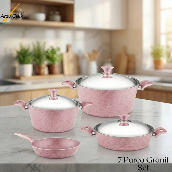 ARZU ÇELİK 7 Parça Granit Set Çelik Kapak - Pembe ürün görseli 1