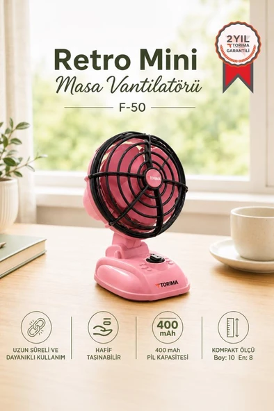 Şarjlı Masaüstü Vantilatör Vintage Retro Tasarım 400 Mah Taşınabilir Masa Fanı F50 Pembe ürün görseli 1