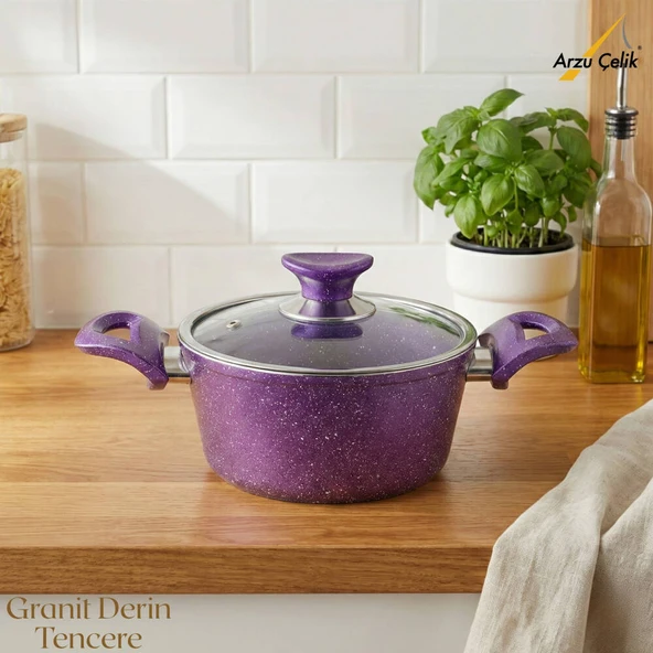 ARZU ÇELİK 18 Cm Granit Derin Tencere Cam Kapak - Violet ürün görseli 1