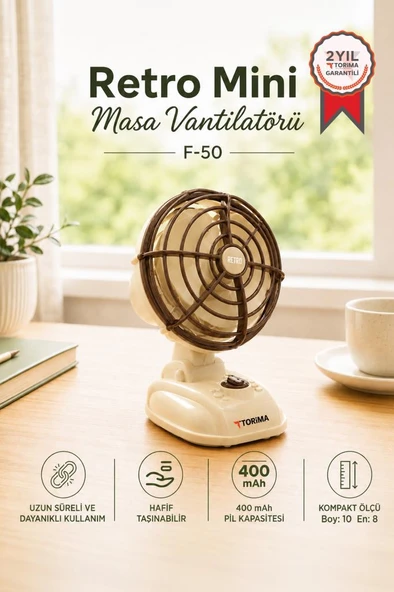 Şarjlı Masaüstü Vantilatör Vintage Retro Tasarım 400 Mah Taşınabilir Masa Fanı F50 Beyaz ürün görseli 1
