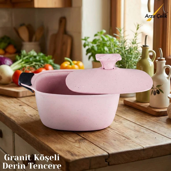 KATRE 20 Cm Granit Köşeli Derin Tencere Alüminyum Kapak - Pembe ürün görseli 1