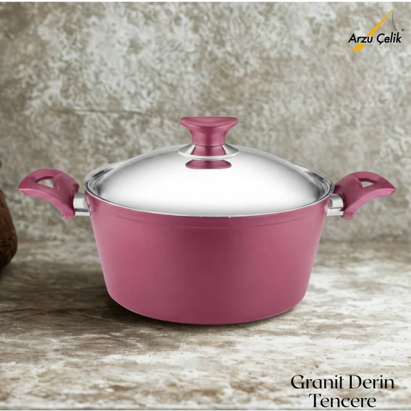 ARZU ÇELİK 24 Cm Granit Derin Tencere Çelik Kapak - Mürdüm ürün görseli 1