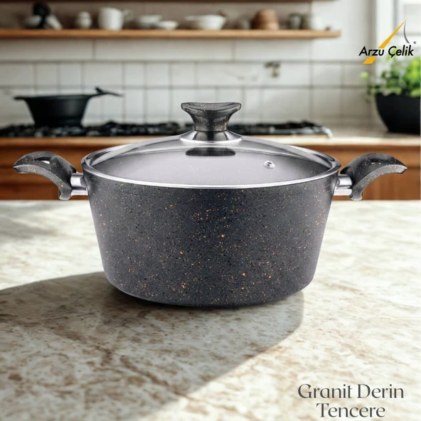 ARZU ÇELİK 28 Cm Granit Derin Tencere Cam Kapak - Siyah ürün görseli 1